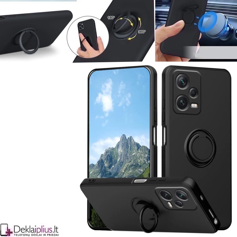 Švelnaus silikono dėklas su žiedu - juodas Xiaomi Redmi Note 12 5G/Poco X5 5G telefonui Švelnaus silikono dėklas su žiedu - juodas Xiaomi Redmi Note 12 5G/Poco X5 5G telefonui